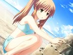  :o annoyed barefoot beach bikini brown_hair day dutch_angle flat_chest game_cg green_eyes long_hair nekonyan non-web_source oosawa_yuzu outdoors sakaagari_hurricane sand_castle sand_sculpture solo squatting swimsuit twintails 