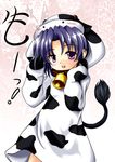  animal_costume animal_print bell blue_hair clannad cosplay cow_bell cow_costume cow_print highres ichinose_kotomi purple_eyes solo tourouan 