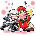  alcohol azuki_osamitsu beer blonde_hair bonnet chibi drunk fang long_hair lowres multiple_girls rozen_maiden shinku silver_hair suigintou wine wings 