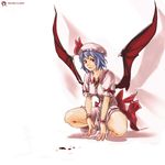  barefoot bat_wings blood blue_hair circle_a demon_wings lips non-web_source red_eyes remilia_scarlet ribbon solo squatting touhou wings wrist_cuffs 