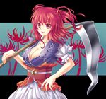  bad_id bad_pixiv_id breasts cleavage flower hair_bobbles hair_ornament kai_aki large_breasts onozuka_komachi open_mouth over_shoulder red_eyes red_hair scythe short_hair smile solo spider_lily touhou two_side_up weapon weapon_over_shoulder 