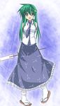  akane_souichi arms_behind_back bad_id bad_pixiv_id blue_eyes detached_sleeves green_hair kochiya_sanae long_hair solo touhou 