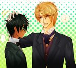  2boys black_hair blonde_hair edgar_(earl_and_fairy) eighth_note green_eyes hakushaku_to_yousei male_focus multiple_boys musical_note petting purple_eyes raven_(earl_and_fairy) speech_bubble spoken_ellipsis spoken_musical_note 