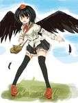  absurdres bad_id bad_pixiv_id bag black_hair black_wings geta hat highres looking_at_viewer open_mouth red_eyes shameimaru_aya short_hair solo taji_(crowview) tengu-geta thighhighs touhou wings zettai_ryouiki 