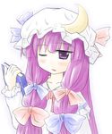  bow crescent hat long_hair natsuki_(silent_selena) patchouli_knowledge pink_bow purple_eyes purple_hair solo touhou 