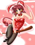  animal_ears baseball_bat bunny_ears bunnysuit ente fishnet_pantyhose fishnets green_eyes highres pantyhose quiz_magic_academy red_hair ruquia short_hair solo tail 