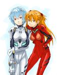  ayanami_rei blue_eyes blue_hair bodysuit bracer breasts colored_eyelashes contrapposto cowboy_shot expressionless fukutarou_(enji127) gloves grin hair_between_eyes hair_ornament hand_on_another's_shoulder hand_on_hip legs_apart long_hair looking_at_viewer multiple_girls neon_genesis_evangelion number orange_hair parted_lips pilot_suit plugsuit red_eyes simple_background skinny small_breasts smile souryuu_asuka_langley standing turtleneck two_side_up white_bodysuit 