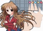  1girl aisaka_taiga bad_id bad_pixiv_id blue_hair brown_hair crossed_arms kana_(19960415) long_hair oohashi_high_school_uniform plaid profile red_eyes school_uniform short_hair takasu_ryuuji toradora! 