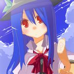  bad_id bad_pixiv_id blue_hair blush bow chig cloud day hat hinanawi_tenshi leaf long_hair pointing red_eyes sky solo touhou 