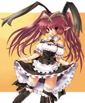  animal_ears black_legwear blush dress dress_lift garters katahira_masashi lingerie maid original petticoat red_eyes red_hair short_twintails solo thighhighs twintails underwear 