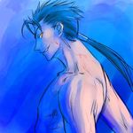  artist_request blue blue_background blue_hair earrings fate/stay_night fate_(series) grin jewelry lancer long_hair lowres male_focus muscle neck orange_eyes ponytail shirtless smile solo 