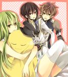  2boys bad_id bad_pixiv_id bare_shoulders black_hair brown_hair c.c. cheese-kun code_geass green_eyes green_hair hat holding kururugi_suzaku lelouch_lamperouge long_hair multiple_boys pizza_hut purple_eyes thighhighs yellow_eyes yuzuki_karu 