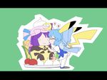  cherry chibi cirno cosplay costume food fruit gen_1_pokemon kiriu licking multiple_girls parody patchouli_knowledge pikachu pikachu_(cosplay) pokemon pudding ribbon tail touhou 