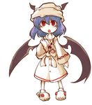  :o bat_wings bathrobe beanie blood blood_on_face bloody_clothes blue_hair blush hat head_wings looking_up non-web_source open_mouth red_eyes remilia_scarlet sayakata_katsumi short_hair simple_background slippers solo touhou wings younger 
