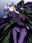  blue_eyes blue_hair braid cape caster curvy elbow_gloves fate/stay_night fate_(series) gloves highres lying pointy_ears solo tanan 