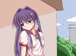  against_wall clannad eyex fujibayashi_kyou gym_uniform long_hair purple_eyes purple_hair solo 