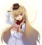  aisaka_taiga angel_wings brown_eyes brown_hair coat doughnut food long_hair mzd421 scarf solo toradora! wings 