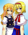  alice_margatroid blonde_hair blue_eyes blush capelet hairband halftone halftone_background hand_on_shoulder kirisame_marisa multiple_girls no_hat no_headwear short_hair smile touhou tsujigiri yellow_eyes 