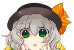  :&lt; artist_request bangs black_hat bowler_hat eyebrows_visible_through_hair eyes_visible_through_hair green_eyes grey_hair hair_between_eyes hands_up hat hat_ribbon komeiji_koishi looking_at_viewer open_mouth orange_ribbon portrait ribbon shiny shiny_clothes shiny_hair short_hair solo touhou transparent_background triangle_mouth 