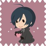  1girl bad_id bad_pixiv_id black_coat_(kingdom_hearts) black_hair chibi gloves heart hood kingdom_hearts kingdom_hearts_358/2_days organization_xiii simple_background smile solo xion_(kingdom_hearts) 