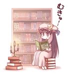  book bookshelf braid candle chibi crescent hat long_hair mukyuu nekoguruma patchouli_knowledge purple_eyes purple_hair solo touhou translated 