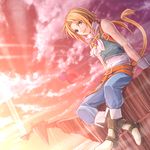  :d ama_mitsuki androgynous arms_at_sides backlighting blue_eyes blue_pants blue_vest boots brown_footwear cat_tail cliff cravat crossed_ankles dutch_angle final_fantasy final_fantasy_ix knee_boots lens_flare light_rays long_hair looking_at_viewer low_ponytail male_focus open_mouth pants red_sky sitting sky sleeveless smile solo sunbeam sunlight tail vest water waterfall wrist_cuffs zidane_tribal 