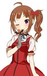  ;q ahoge bat_hair_ornament blush brown_hair candy food gloves hair_ornament highres idolmaster idolmaster_million_live! lollipop muku_(muku-coffee) my_dear_vampire one_eye_closed side_ponytail simple_background solo tongue tongue_out white_background yokoyama_nao 