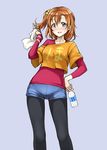  casual clothes_writing imageboard_colors kousaka_honoka legwear_under_shorts long_sleeves love_live! love_live!_school_idol_project off_shoulder one_side_up pantyhose pas_(paxiti) shorts simple_background solo sweat towel 