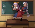  braid chalkboard commentary_request hat long_hair multiple_girls nurse_cap onikobe_rin pose purple_hair saboten_pose table touhou watatsuki_no_yorihime what yagokoro_eirin 