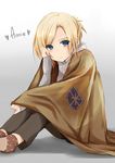  annie_leonhardt bad_id bad_pixiv_id blanket blonde_hair blue_eyes blush character_name contemporary emblem heart highres kurebayashi_noe long_sleeves no_shoes ponytail shingeki_no_kyojin short_hair sitting socks solo sweater training_corps_(emblem) turtleneck 