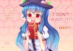  blue_hair blush confession female food fruit greave_(asterism) hard_translated hat hinanawi_tenshi long_hair peach red_eyes solo tears touhou translated valentine 