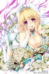  blonde_hair boots bow_(weapon) breasts bridal_gauntlets bridal_veil cleavage copyright_name crown dress drink flower hisenkaede large_breasts licking official_art petals purple_eyes rose sexually_suggestive suggestive_fluid thigh_boots thighhighs veil venus_blade weapon white_flower white_legwear white_rose 
