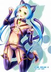  :d animal_ears barefoot blue_hair blue_legwear cat_ears cat_tail choker circlet copyright_name fangs fingerless_gloves full_body garter_straps gloves green_eyes highres kneeling long_hair meracle_chamlotte navel o-ring open_mouth paw_pose revealing_clothes shinrin_kusaba smile solo star_ocean star_ocean_the_last_hope stirrup_legwear tail thighhighs toeless_legwear twintails 