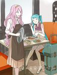  apron aqua_hair beamed_eighth_notes beamed_sixteenth_notes closed_eyes eating eighth_note food fork hairband hatsune_miku highres long_hair megurine_luka mirai_delivery miyama_fugin multiple_girls musical_note musical_note_print pantyhose pink_hair quarter_note restaurant sitting skirt suitcase table tray treble_clef twintails very_long_hair vocaloid waitress 