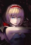  adapted_costume alice_margatroid blonde_hair blue_eyes breasts capelet cleavage culter dress fingerless_gloves gloves hairband short_hair small_breasts solo strapless strapless_dress string touhou 