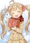  :d ^_^ ahoge blush box brown_hair closed_eyes coat gift gift_box hair_ribbon hakozaki_serika highres idolmaster idolmaster_million_live! muku_(muku-coffee) open_mouth plaid plaid_scarf ribbon scarf smile solo twintails 