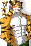  abs anthro biceps big_muscles black_fur blush body_markings chest_tuft clothing feline fur grin hentist looking_at_viewer male mammal markings muscles nipples orange_eyes orange_fur pecs pink_nose plain_background pose shorts smile solo standing stripes tiger toned tongue tongue_out topless toragami_gaou tuft white_fur 