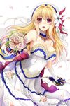  :d blonde_hair bouquet breasts bridal_veil cleavage copyright_name dress flower gloves hisenkaede jewelry large_breasts long_hair necklace official_art open_mouth red_eyes rose smile solo sword veil venus_blade weapon wedding_dress white_gloves 