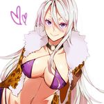  7th_dragon_(series) 7th_dragon_2020 bikini_top breasts collar eyeshadow fur_coat haruyasai_(sanbunno) heart large_breasts long_hair looking_at_viewer makeup navel psychic_(7th_dragon) purple_eyes silver_hair smile solo upper_body 