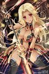  arm_guards black_legwear blonde_hair breasts center_opening cleavage cleavage_cutout copyright_name facial_mark hisenkaede large_breasts long_hair looking_at_viewer nail_polish navel official_art open_mouth red_eyes shiny shiny_skin smile solo spread_legs thighhighs venus_blade 