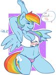 &lt;3 anthro anthrofied arnachy bite_lip biting_lip blush breasts cleavage clothed clothing cutie_mark dialog english_text equine eyes_closed female friendship_is_magic hair horse lip_bite mammal multi-colored_hair my_little_pony navel panties pegasus pony rainbow_dash_(mlp) rainbow_hair shirt skimpy solo stretching tank_top text thong underwear vest wings 