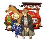  1girl bamboo blonde_hair blue_eyes brown_eyes brown_hair frederica_irving haruyasai_(sanbunno) highlander_(etrian) horse japanese_clothes sekaiju_no_meikyuu shin_sekaiju_no_meikyuu torii 