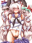  &gt;_&lt; :3 animal_ears bare_shoulders black_neckwear blonde_hair blue_hair blush breasts bunny_ears cameltoe closed_eyes commentary_request cosplay crop_top crop_top_overhang elbow_gloves ex-keine fake_animal_ears fujiwara_no_mokou full-face_blush gloves green_hair hair_ribbon hat highres horn_ribbon horns kamishirasawa_keine kantai_collection medium_breasts midriff multiple_girls navel neckerchief open_clothes open_skirt pink_eyes rensouhou-chan rensouhou-chan_(cosplay) ribbon school_uniform serafuku shimakaze_(kantai_collection) shimakaze_(kantai_collection)_(cosplay) shiny shiny_skin shirt silver_hair skirt skirt_pull sleeveless string_panties taut_clothes taut_shirt thigh_gap thighhighs touhou tress_ribbon white_gloves zan_(harukahime) |_| 