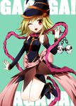  bare_shoulders blonde_hair breasts cellphone cellphone_charm detached_sleeves duel_monster dya gagaga_girl gloves hat large_breasts long_hair looking_at_viewer one_eye_closed open_mouth phone red_eyes skull smile solo wizard_hat yuu-gi-ou yuu-gi-ou_zexal 