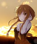  absurdres ahoge aoi_(kiyokiyoaomushi) braid brown_eyes brown_hair hair_ribbon hand_in_hair highres long_hair one_eye_closed original outdoors pink_ribbon ribbon solo twin_braids upper_body 