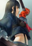  black_hair blue_eyes cosplay fingerless_gloves gloves highres katana kill_la_kill kiryuuin_satsuki long_hair matoi_ryuuko matoi_ryuuko_(cosplay) profile school_uniform senketsu spoilers suspenders sword wakizashi weapon yangbei 