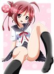  black_skirt highres imai_kazunari masaoka_azuki pink_background red_eyes red_hair school_uniform serafuku short_hair sitting skirt smile solo uta_kumi_575 