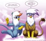  avian beak blue_fur blush brown_fur cloud dialog duo english_text female feral friendship_is_magic fur gilda_(mlp) gryphon hair john_joseco multi-colored_hair my_little_pony outside purple_eyes rainbow_dash_(mlp) rainbow_hair sitting text white_fur 