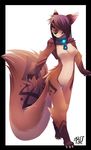  breasts brown_fur brown_hair brown_nose canine claws dog female fluffy_tail fur hair looking_at_viewer mammal midriff navel no_nipples nude phation piercing plain_background rudragon shawl smile solo tan_fur toe_claws 