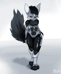  ambiguous_gender anthro armor boots dark_hair female fluffy_tail gloves hair invalid_tag long_ears long_hair long_tail monochrome petresko pose sci-fi smirk solo standing suit unknown_species 